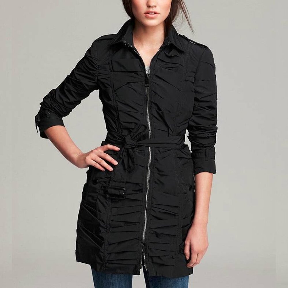 Burberry Roemead Black Allover Ruched Zip Coat